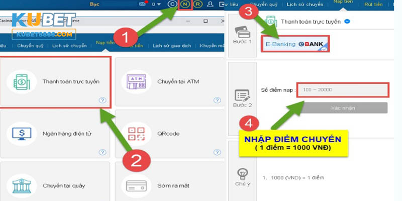 Thao tác nạp tiền KUBET88 bằng thanh toán trực tuyến